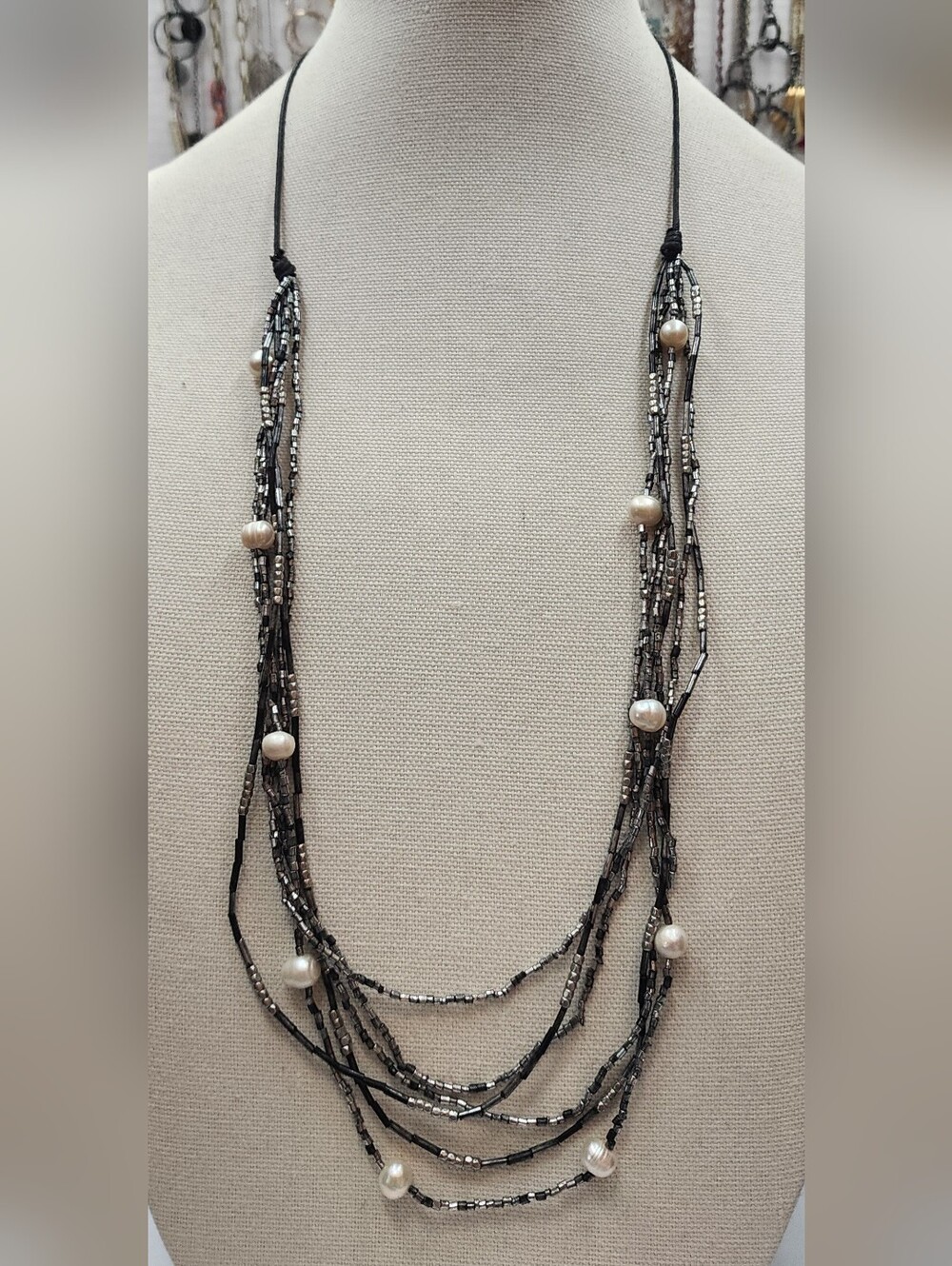 J.Jill Silver Tone Multiple Strand Necklace BEADED 6 Strands Pearls 30" Long